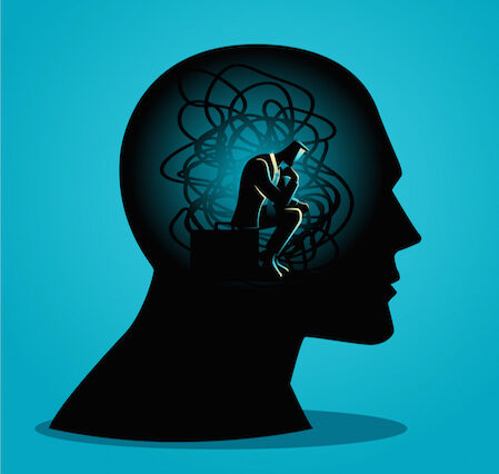 Vector illustration of a man sitting in human head with tangled cords, stress, depression concept